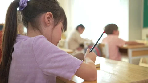 The student is taking notes while being taught by the teacher in the classroom Stock Footage 339326459
