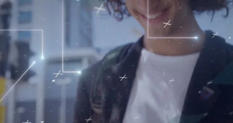 Student tapping phone checking mail starting tech overlays while camera pulling Stock Footage 331832726