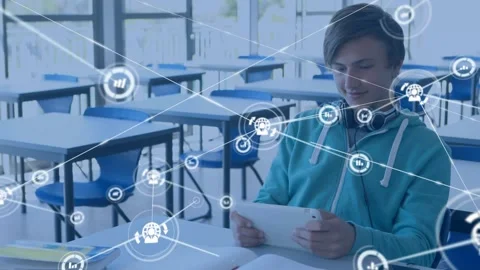 Student tapping tablet, generating expanding icon network overlaying frame, Video stock 329785383