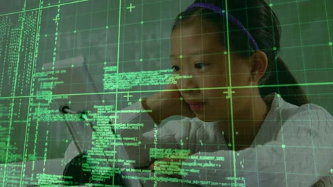 Student tapping tablet screen and generating green code overlay while mastering Stock Footage 316185679