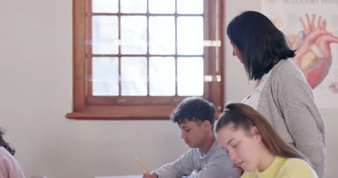 Student test, high school teacher or woman monitor group exam, assessment or Stock Footage 249241558