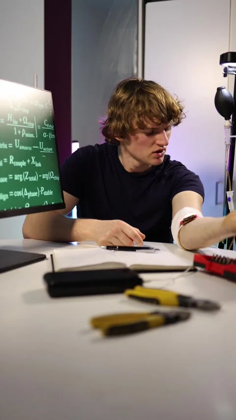 Student testing homemade bioelectronics wearable at home Video stock 323270269