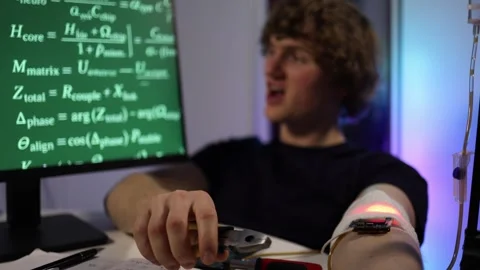 Student tests risky wearable tech during intense biohacking experiment Stock Footage 324444130