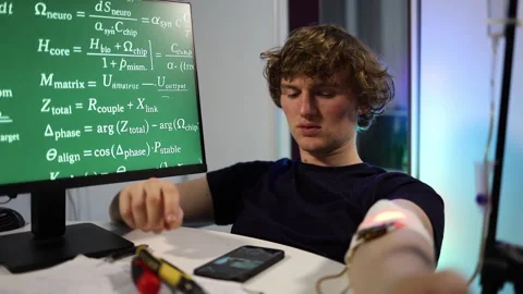 Student tests wearable technology during biohacking experiment at home Stock Footage 324444182