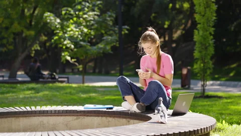 Student texting message in park with pigeon Stock Footage 161468630