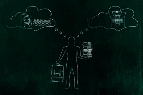 Student thinking about the alternatives of school classroom vs online classes Stock Illustration