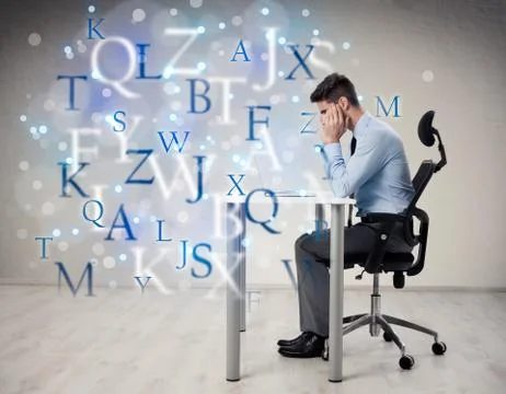 Student thinking with letters flying around him Stock Illustration