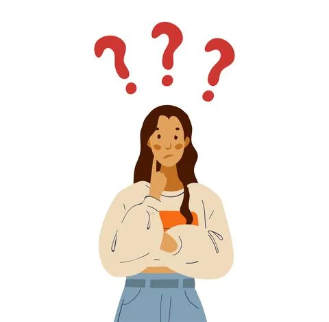 The student thinks about the problem, the girl solves the question. Cute cartoon Illustrazione stock