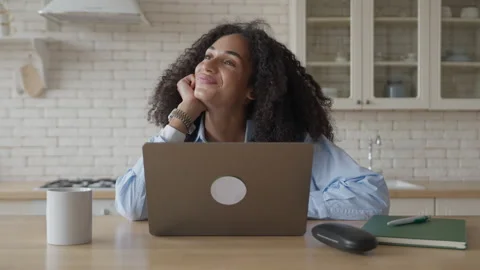 Student Thought about Something Good while Sitting at her Computer Stock Footage 298182543