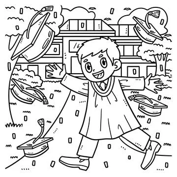 Student Throwing Graduation Cap Coloring Page Stock Illustration