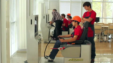 Student training in simulator of excavator Stock Footage 64801943