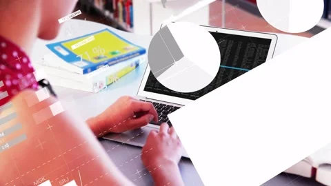 Student typing at laptop for education, creating % labels, pie charts growing, Stock Footage 330192359