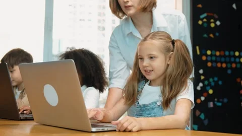 Student use laptop writing code while teacher explain about program. Erudition. Stock Footage 280795628