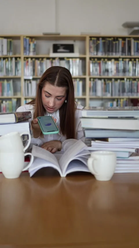 Student uses artificial intelligence voice assistant while studying in library Stockbeeldmateriaal 342178634