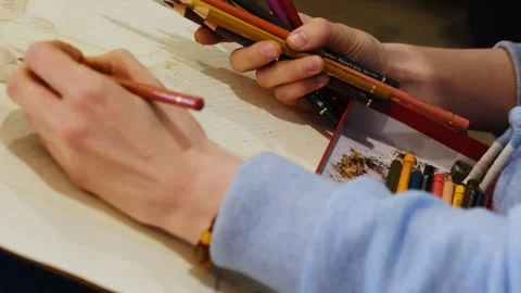 Student uses colored pencil techniques creating special sketch Video stock 316151686