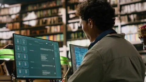 Student using AI brain on desktop and studying in library computer class Fotos Stock