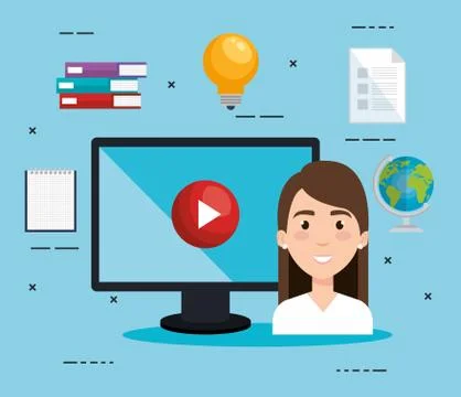 Student using computer desktop electronic education Illustrazione stock