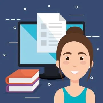 Student using computer desktop electronic education 库存插图