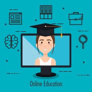 Student using computer desktop electronic education Stock Illustration