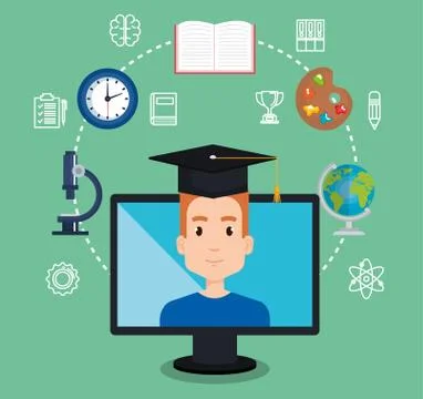 Student using computer desktop electronic education 스톡 일러스트