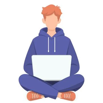 Student using laptop flat cartoon illustration Stock Illustration