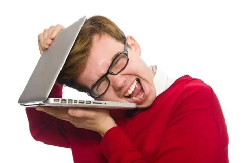 Student using laptop isolated on white Stock Photos