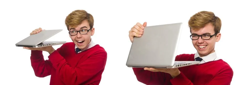 Student using laptop isolated on white Stock Photos
