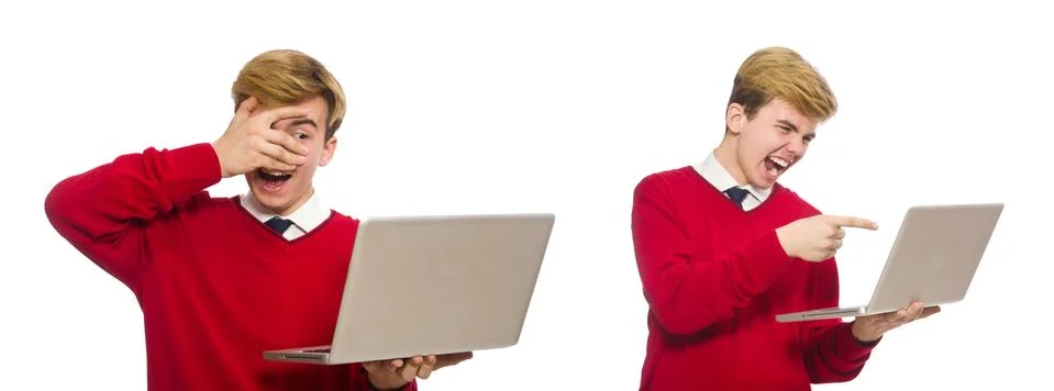 Student using laptop isolated on white Stock Photos