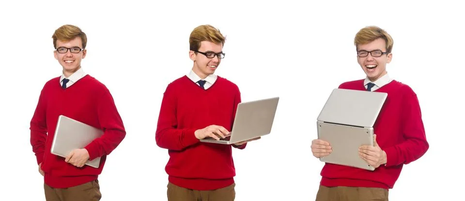 Student using laptop isolated on white Stock Photos
