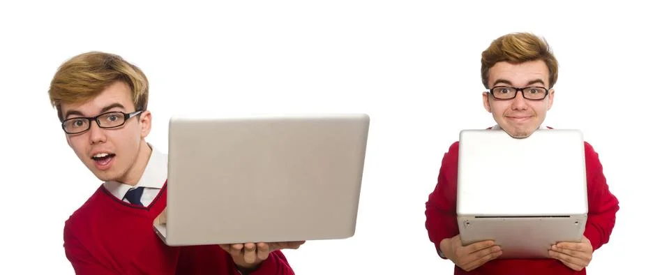 Student using laptop isolated on white Stock Photos