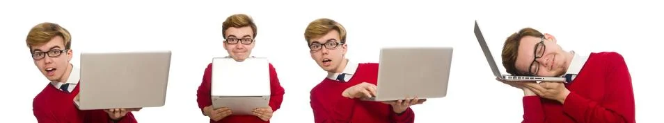 Student using laptop isolated on white Stock Photos