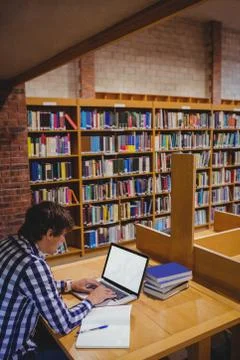 Student using laptop in library 写真素材
