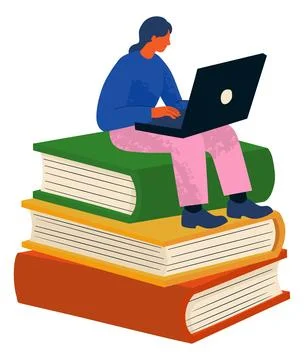 Student Using Laptop for Online Learning on Books Stock Illustration