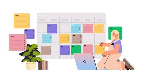 Student using laptop to take digital notes scheduling stydy time online 스톡 일러스트