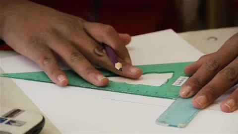 Student Using Ruler and Set Square in Math Class, Close Up - 4K Stock Footage 221440501