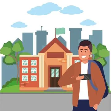 Student using smartphone on campus background Stock Illustration