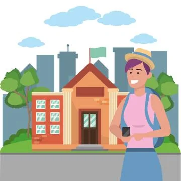 Student using smartphone on campus background イラスト素材