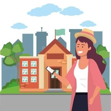 Student using smartphone on campus background イラスト素材