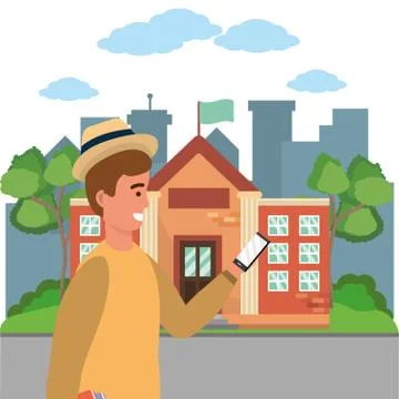 Student using smartphone on campus background Stock Illustration