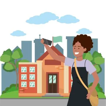 Student using smartphone on campus background Stock Illustration