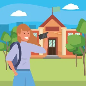 Student using smartphone on campus background Stock Illustration