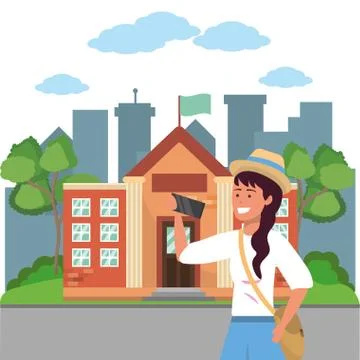 Student using smartphone on campus background イラスト素材