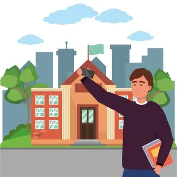 Student using smartphone on campus background Stock Illustration