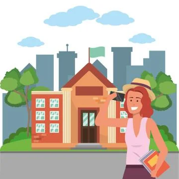 Student using smartphone on campus background イラスト素材
