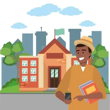 Student using smartphone on campus background Stock Illustration