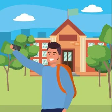 Student using smartphone on campus background イラスト素材