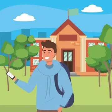 Student using smartphone on campus background イラスト素材
