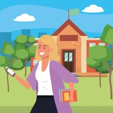 Student using smartphone on campus background イラスト素材
