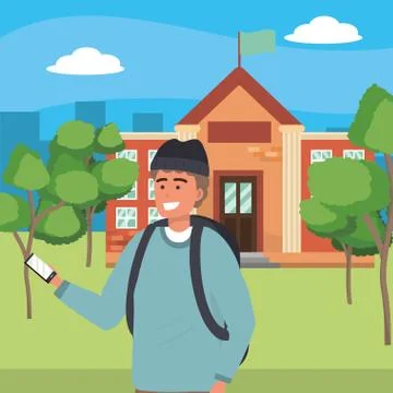 Student using smartphone on campus background イラスト素材