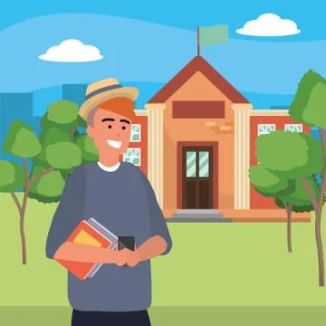 Student using smartphone on campus background イラスト素材